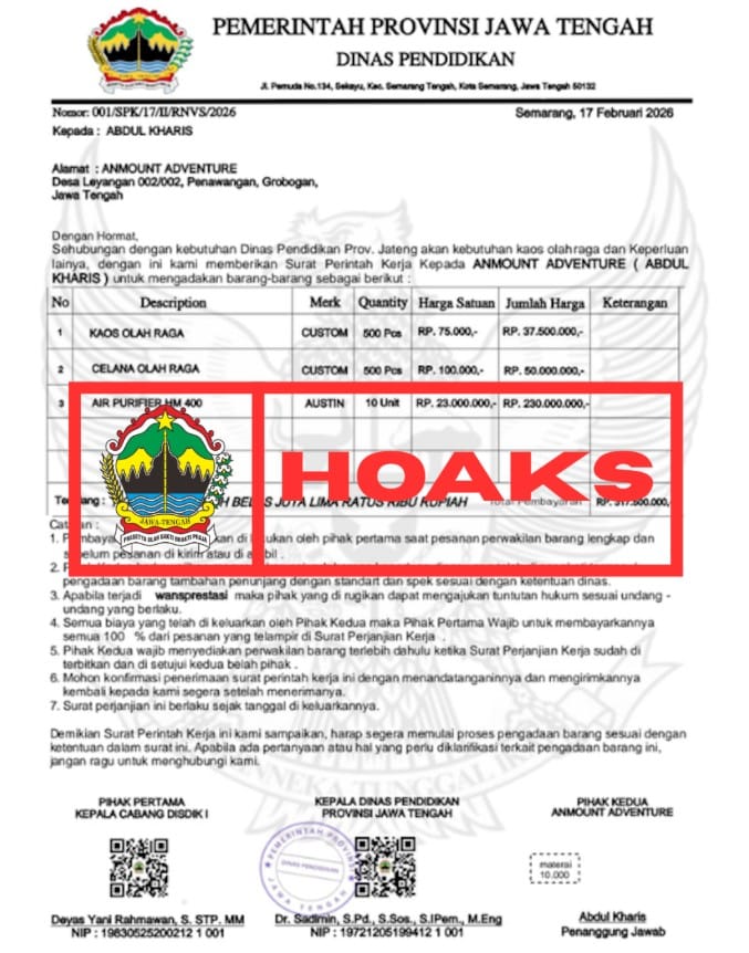 hoaks pemesanan barang Dinas Pendidikan Jawa Tengah