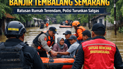 Banjir Tembalang Semarang saat polisi mengevakuasi warga terdampak luapan Sungai Babon