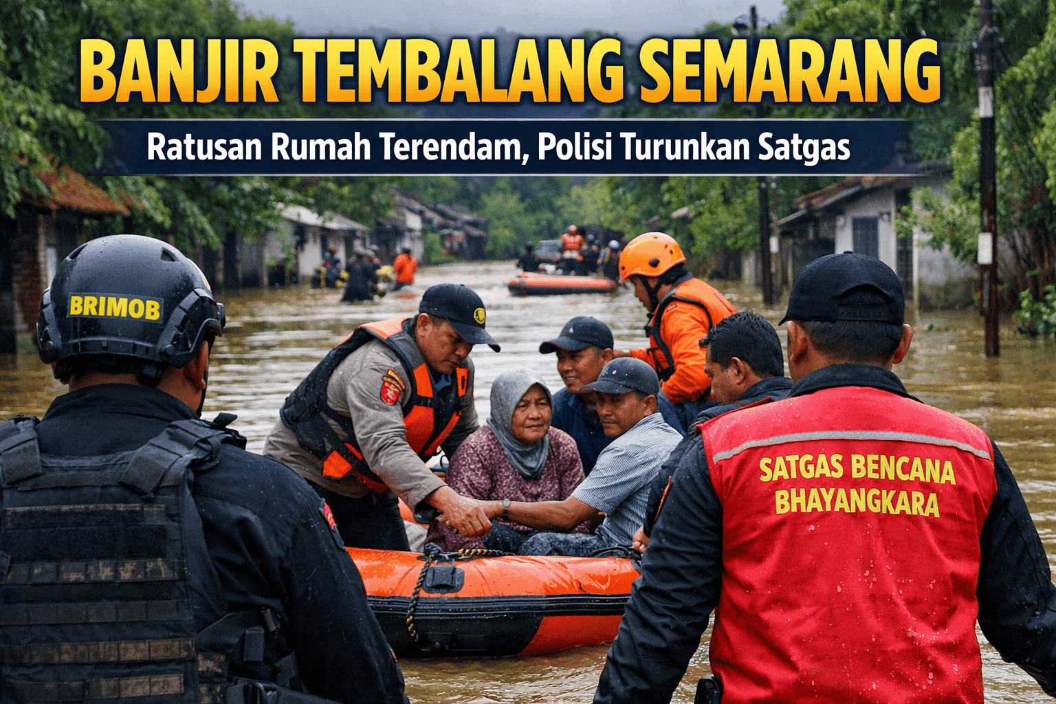Banjir Tembalang Semarang saat polisi mengevakuasi warga terdampak luapan Sungai Babon