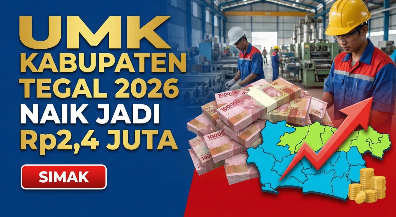 Infografis UMK Kabupaten Tegal 2026 yang naik menjadi Rp2.484.162 per bulan