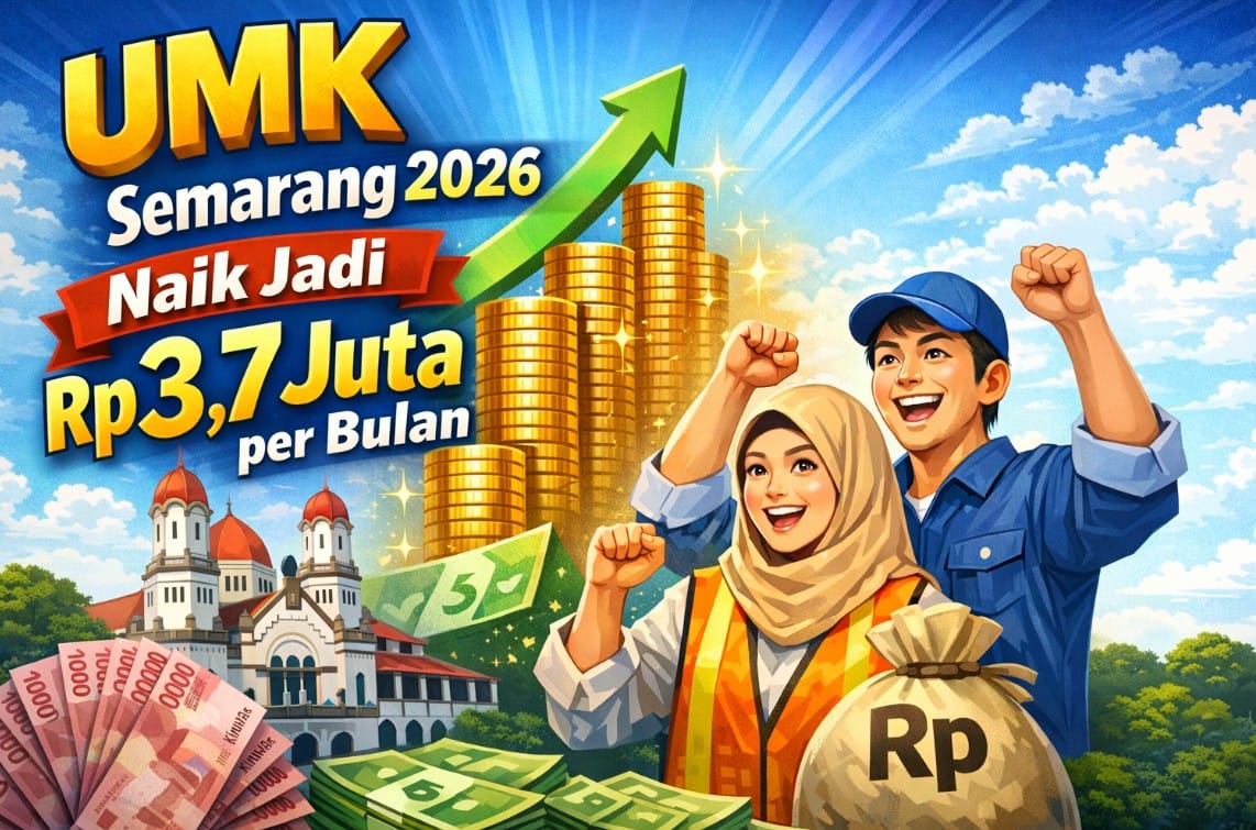 Infografis UMK Kota Semarang 2026 yang naik menjadi Rp3.743.000 per bulan tertinggi di Jawa Tengah